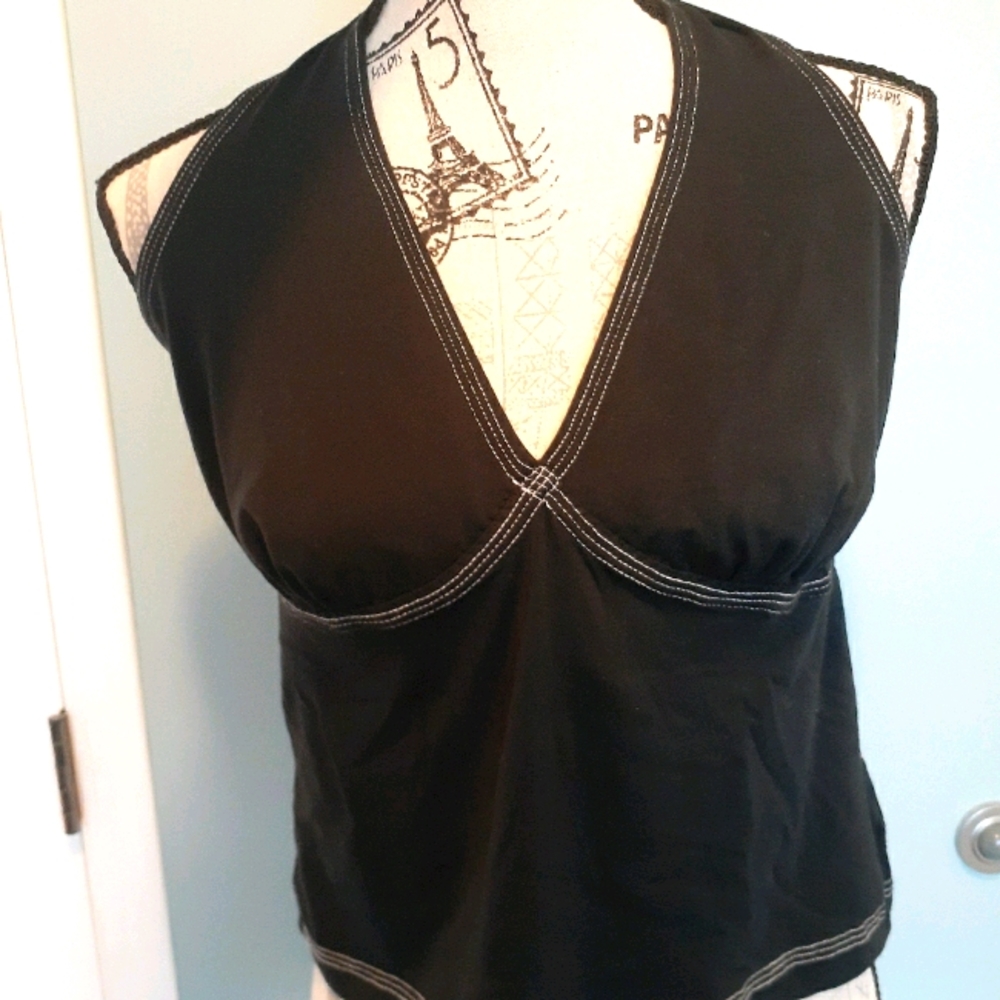 Black Halter Top with contrast stitching.